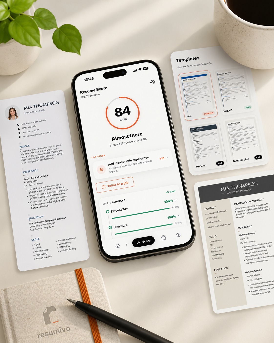 The Resumica app open on a phone beside printed resumes on a desk.