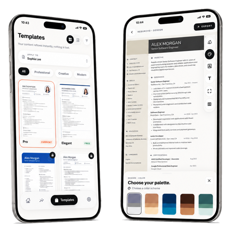 Two Resumica screens showing the template gallery and the design palette.